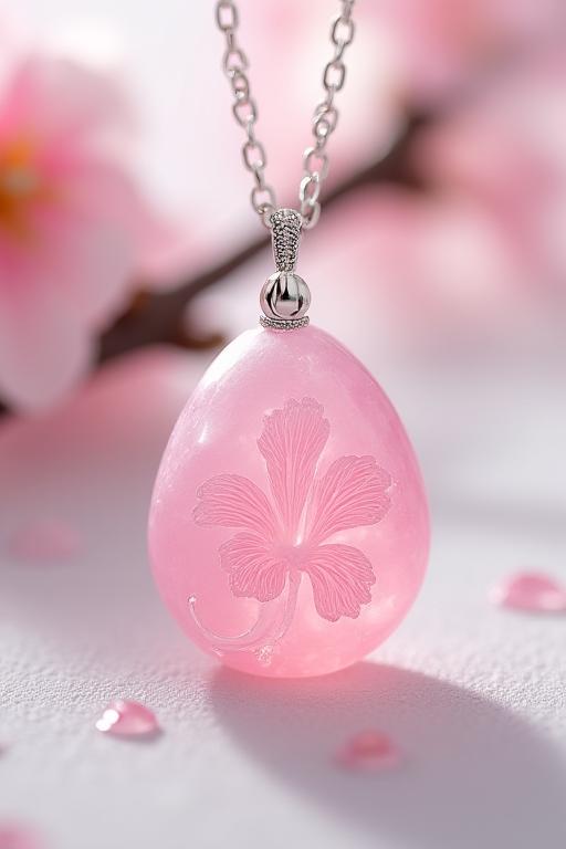 桜の花が彫られたローズクォーツのペンダント